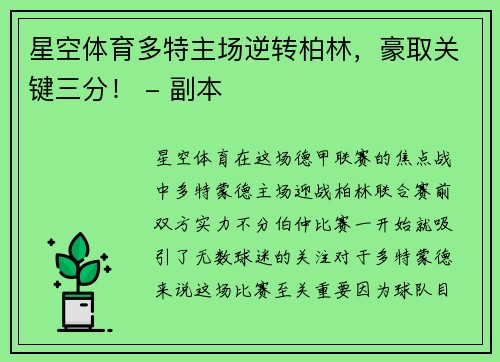 星空体育多特主场逆转柏林，豪取关键三分！ - 副本