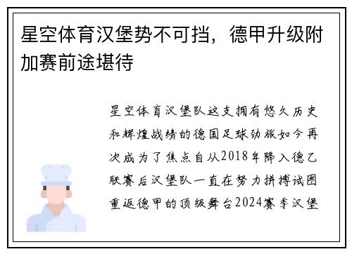星空体育汉堡势不可挡，德甲升级附加赛前途堪待