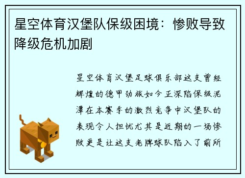 星空体育汉堡队保级困境：惨败导致降级危机加剧